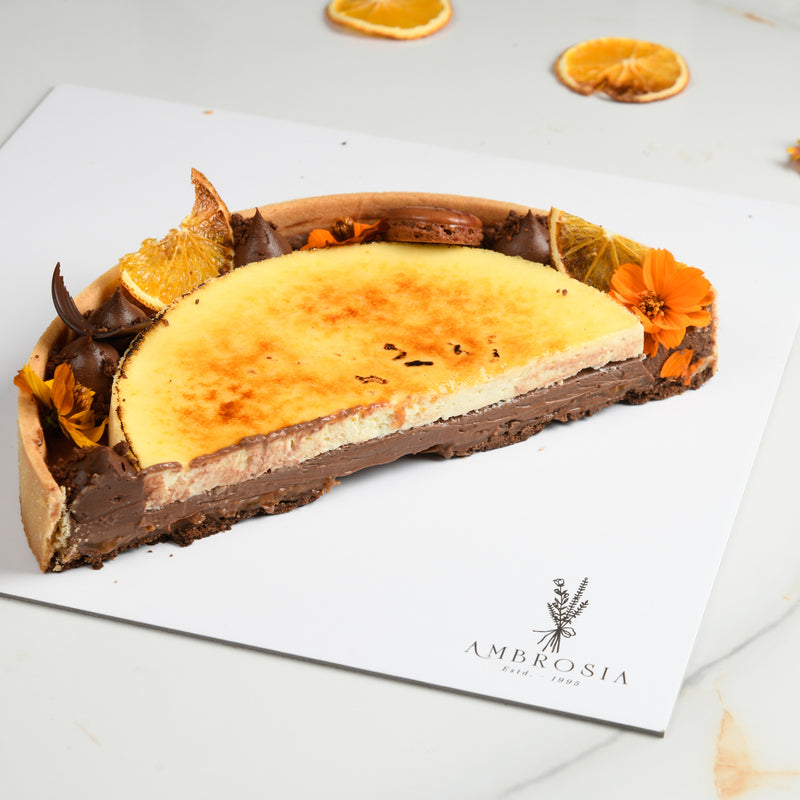 Milk chocolate, orange and vanilla creme brûlée tart